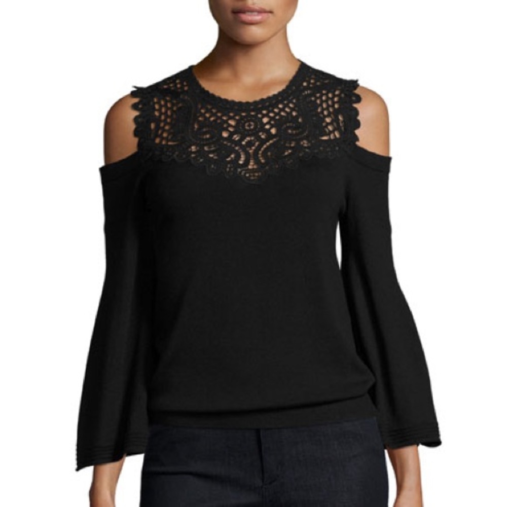 Kobi Halperin Selena Cold-Shoulder Lace-Yoke Merino Sweater Black Size XS